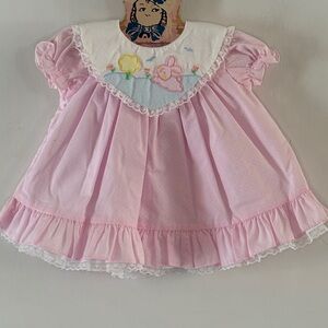 Vintage Tiny Tots light pink polka dot dress  bunny applique collar Sz 6-9 mths